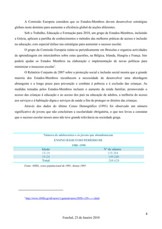 A Comissão Europeia considera que os Estados-Membros devem desenvolver estratégias
globais neste domínio para aumentar a eficiência global de acções diferentes.
       Sob o Trabalho, Educação e Formação para 2010, um grupo de Estados-Membros, incluindo
a Grécia, aplicam a partilha de conhecimentos e métodos das melhores práticas de acesso e inclusão
na educação, com especial ênfase nas estratégias para aumentar o sucesso escolar.
       O grupo da Comissão Europeia reúne-se periodicamente em Bruxelas e organiza actividades
de aprendizagem em intercâmbios sobre estas questões, na Bélgica, Irlanda, Hungria e França. Isto
poderá ajudar os Estados Membros na elaboração e implementação de novas políticas para
minimizar o insucesso escolar3.
       O Relatório Conjunto de 2007 sobre a protecção social e inclusão social mostra que a grande
maioria dos Estados-Membros reconhecem a necessidade de desenvolver uma abordagem
abrangente e a longo prazo para prevenção e combate à pobreza e à exclusão das crianças. As
medidas tomadas pelos Estados-Membros incluem o aumento da renda familiar, promovendo o
acesso das crianças à educação e ao acesso dos pais na educação de adultos, a melhoria do acesso
aos serviços e à habitação digna e serviços de saúde a fim de proteger os direitos das crianças.
       Através dos dados do último Censo Demográfico (1991) foi observado um número
significativo de jovens que não concluíram a escolaridade obrigatória, o que nos levou a constatar
que o sucesso escolar nesses anos não teve grande relevância na sociedade grega.




                          Número de adolescentes e os jovens que abandonaram
                                   ENSINO BÁSICO DO PERÍODO DE
                                                   1980 -1990
                         Idade                                                Nº de alunos
                         15-19                                                  119.384
                         19-24                                                   149.240
                         Total                                                   268.624
       Fonte: NSSG, censo populacional de 1991, Atenas 1995




       3
           http://www.104fm.gr/all-news/1-general-news/3058--159------.html




                                                                                                   8
                                           Funchal, 23 de Janeiro 2010
 