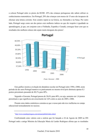 a colocar Portugal entre os piores da OCDE. 45% das crianças portuguesas não sabem utilizar os
conhecimentos matemáticos. Em Portugal, 20% das crianças com menos de 15 anos são incapazes de
efectuar uma leitura corrente. Este cenário repete-se na Grécia, na Alemanha e na Suíça. Por outro
lado, Portugal surge como um dos países com melhores índices no que diz respeito à igualdade na
aprendizagem, já que, em conjunto com a Finlândia, Espanha e Canadá, consegue fazer com que os
resultados dos melhores alunos não sejam muito desiguais dos piores5.




                                                  Fonte: Eurostat – 2006



       Este gráfico mostra a evolução do abandono escolar em Portugal entre 1996 e 2006, neste
período de dez anos Portugal manteve-se praticamente no mesmo nível pois diminuiu apenas 0,1
pontos percentuais passando de 40,1% para 40%.

       Segundo o Eurostat, Portugal passou de 38,6% para 40%, ou seja, aumento em 1,4 pontos
percentuais o que significou um crescimento de 3,6% entre os anos de 2005 e 2006.

       Perante estes dados estatísticos constata-se que o nosso país não teve melhorias no campo
educacional nomeadamente no sucesso.


       5
           http://www.mundoportugues.com/artman/publish/index.shtml

       Confrontando estes valores com a notícia que foi lançada a 24 de Agosto de 2009 no DN
Portugal onde a antiga Ministra da Educação Maria de Lurdes Rodrigues afirma que os resultados


                                                                                                   10
                                         Funchal, 23 de Janeiro 2010
 