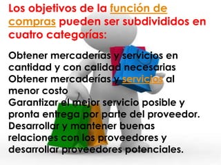 Los objetivos de la función de
compras pueden ser subdivididos en
cuatro categorías:
Obtener mercaderías y servicios en
cantidad y con calidad necesarias
Obtener mercaderías y servicios al
menor costo
Garantizar el mejor servicio posible y
pronta entrega por parte del proveedor.
Desarrollar y mantener buenas
relaciones con los proveedores y
desarrollar proveedores potenciales.
 