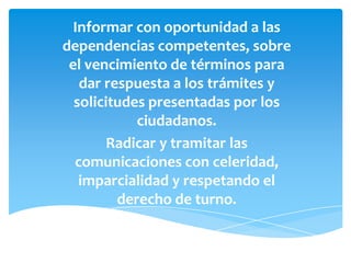 Informar con oportunidad a las
dependencias competentes, sobre
el vencimiento de términos para
dar respuesta a los trámites y
solicitudes presentadas por los
ciudadanos.
Radicar y tramitar las
comunicaciones con celeridad,
imparcialidad y respetando el
derecho de turno.
 