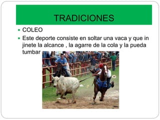 TRADICIONES
 COLEO
 Este deporte consiste en soltar una vaca y que in
jinete la alcance , la agarre de la cola y la pueda
tumbar .
 