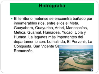 Hidrografía
 El territorio metense se encuentra bañado por
innumerables ríos, entre ellos el Meta,
Guayabero, Guayuriba, Ariari, Manacacías,
Metica, Guamal, Humadea, Yucao, Upía y
Humea. La lagunas más importantes del
departamento son: Lomalinda, El Porvenir, La
Conquista, San Vicente Santaya y
Remanzón.
 
