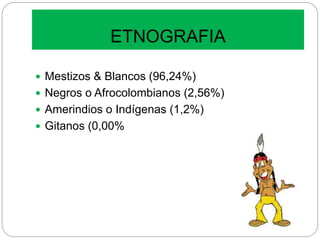 ETNOGRAFIA
 Mestizos & Blancos (96,24%)
 Negros o Afrocolombianos (2,56%)
 Amerindios o Indígenas (1,2%)
 Gitanos (0,00%
 