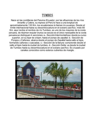 TUMBES
Nace en las cordilleras del Paruma (Ecuador, por las afluencias de los ríos
Amarillo y Calera, su ingreso al Perú lo hace a una longitud de
aproximadamente 130 Km. los ecuatorianos lo llaman río puyango. Desde el
límite internacional hasta su desembocadura en el océano pacífico, mide 80
Km. aquí recibe el nombre de río Tumbes. es uno de los mayores de la costa
peruana, de régimen regular (nunca se seca)y es el único navegable de la costa
peruana.se distinguen 4 secciones:a.- SecciónIntermontañosa: desde su curso
superior, en su ligar de origen, hasta el pongo de zapallal. b.- Sección de
Pongos y Cañones: abarca desde el pongo de Zapallal hasta salto el tigre,
formando cañones y cascadas. c.- Sección de la llanura: comprende desde el
salto el tigre hasta la ciudad de tumbes. d.- Sección Delta: va desde la ciudad
de Tumbes hasta su desembocadura en el océano pacífico. Es cruzado por
canales conocidos como esteros cubiertos de mangle.
 