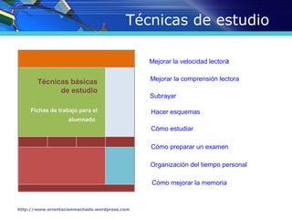 Técnicas de estudio

                                              Mejorar la velocidad lectora


       Técnicas básicas                       Mejorar la comprensión lectora
             de estudio
                                              Subrayar

     Fichas de trabajo para el                Hacer esquemas
                   alumnado 
                                              Cómo estudiar

                                              Cómo preparar un examen

                                              Organización del tiempo personal

                                              Cómo mejorar la memoria



http://www.orientacionmachado.wordpress.com
 