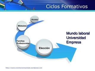 Ciclos Formativos

                              Acceso


              Módulos


                                                      Mundo laboral
                                                      Universidad
            Familias
            Profesionales                             Empresa
                                       Elección




http://www.orientacionmachado.wordpress.com
 