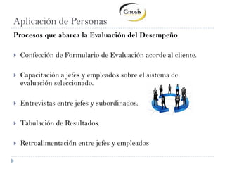 Aplicación de PersonasProcesos que abarca la Evaluación del DesempeñoConfección de Formulario de Evaluación acorde al cliente.Capacitación a jefes y empleados sobre el sistema de evaluación seleccionado.Entrevistas entre jefes y subordinados.Tabulación de Resultados.Retroalimentación entre jefes y empleados