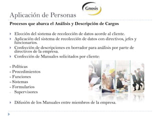 Aplicación de PersonasProcesos que abarca el Análisis y Descripción de CargosElección del sistema de recolección de datos acorde al cliente.Aplicación del sistema de recolección de datos con directivos, jefes y funcionarios. Confección de descripciones en borrador para análisis por parte de directivos de la empresa.Confección de Manuales solicitados por cliente:	- Políticas- Procedimientos- Funciones- Sistemas- FormulariosSupervisoresDifusión de los Manuales entre miembros de la empresa.