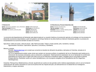  La economía del departamento de Santander esta determinada por su vocación histórica a la producción agrícola, sin embargo con los procesos de desarrollo económicos desarrollados a partir del gobierno de Enrique Santos en los años treinta se intenta en Santander generar un procesos de industrialización.Su economía también se basa en el turismo.Agricultura: Cultivo de cacao, caña de azúcar, café, Palma de aceite, Tabaco y frutas (sandía, piña, mandarina, naranja). Agroindustrial: Avicultura, Capricultura, Apicultura, Cunicultura y Ganadería.Minería y energía Petróleo: Barrancabermeja es la ciudad que concentra la industria de refinación de petróleo y derivados en Colombia, ubicada en el Magdalena Medio.Oro: En el departamento existen varias zonas que cuentan con recursos auríferos, la explotación del oro en Santander está medida por la intervención de empresas extranjeras, para su extracción y explotación. Históricamente la explotación de oro en Santander ha conformado espectativas de riqueza para la región pero ésta nunca se ha traducido en beneficios reales y tangibles para la comunidad en general.Energía eléctrica: Santander cuenta con varias hidroeléctricas y con el proyecto energético de la Hidroeléctrica del Río Sogamoso, HidroSogamoso.Industrias: Petroquímica, Metalmecánica y Avícola. Igualmente se cuanta con dos grandes centro médicos especializados como lo son la fundación cardiovascular del oriente colombiano la cual se encuantra entre las mejores del país y de latinoamerica en el dessarrollo de investigación, tratamientos y cirugías vasculares. 