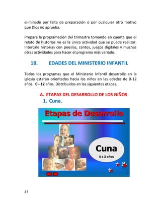 eliminado por falta de preparación o por cualquier otro motivo
que Dios no aprueba.

Prepare la programación del trimestre tomando en cuenta que el
relato de historias no es la única actividad que se puede realizar.
Intercale historias con poesías, cantos, juegos digitales y muchas
otras actividades para hacer el programa más variado.

     18.      EDADES DEL MINISTERIO INFANTIL
Todos los programas que el Ministerio Infantil desarrolle en la
iglesia estarán orientados hacia los niños en las edades de 0-12
años. 0 - 12 años. Distribuidos en las siguientes etapas.

           A. ETAPAS DEL DESARROLLO DE LOS NIÑOS
            1. Cuna.




27
 