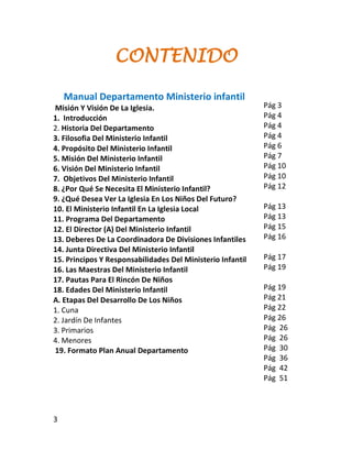 CONTENIDO

         Manual Departamento Ministerio infantil
     Misión Y Visión De La Iglesia.                              Pág 3
     1. Introducción                                             Pág 4
1.   2. Historia Del Departamento                                Pág 4
2.   3. Filosofia Del Ministerio Infantil                        Pág 4
3.   4. Propósito Del Ministerio Infantil                        Pág 6
4.   5. Misión Del Ministerio Infantil                           Pág 7
     6. Visión Del Ministerio Infantil                           Pág 10
     7. Objetivos Del Ministerio Infantil                        Pág 10
     8. ¿Por Qué Se Necesita El Ministerio Infantil?             Pág 12
     9. ¿Qué Desea Ver La Iglesia En Los Niños Del Futuro?
     10. El Ministerio Infantil En La Iglesia Local              Pág 13
     11. Programa Del Departamento                               Pág 13
     12. El Director (A) Del Ministerio Infantil                 Pág 15
     13. Deberes De La Coordinadora De Divisiones Infantiles     Pág 16
     14. Junta Directiva Del Ministerio Infantil
     15. Principos Y Responsabilidades Del Ministerio Infantil   Pág 17
     16. Las Maestras Del Ministerio Infantil                    Pág 19
     17. Pautas Para El Rincón De Niños
     18. Edades Del Ministerio Infantil                          Pág 19
     A. Etapas Del Desarrollo De Los Niños                       Pág 21
     1. Cuna                                                     Pág 22
     2. Jardín De Infantes                                       Pág 26
     3. Primarios                                                Pág 26
     4. Menores                                                  Pág 26
     19. Formato Plan Anual Departamento                         Pág 30
                                                                 Pág 36
                                                                 Pág 42
                                                                 Pág 51



     3
 