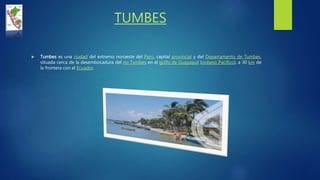 TUMBES
 Tumbes es una ciudad del extremo noroeste del Perú, capital provincial y del Departamento de Tumbes,
situada cerca de la desembocadura del río Tumbes en el golfo de Guayaquil (océano Pacífico), a 30 km de
la frontera con el Ecuador.
 