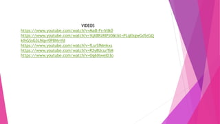 VIDEOS
https://www.youtube.com/watch?v=MaB-Fs-Vdk0
https://www.youtube.com/watch?v=YqX8RzRIPz0&list=PLqEkgwGdSrGQ
kIhGSsG3LNqvr0P8Nvrfd
https://www.youtube.com/watch?v=fLsrSfMmkxs
https://www.youtube.com/watch?v=R2y8UcurTiM
https://www.youtube.com/watch?v=Og6IXweID3o
 