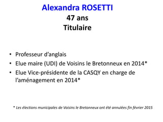 Alexandra ROSETTI
47 ans
Titulaire
• Professeur d’anglais
• Elue maire (UDI) de Voisins le Bretonneux en 2014*
• Elue Vice-présidente de la CASQY en charge de
l’aménagement en 2014*
* Les élections municipales de Voisins le Bretonneux ont été annulées fin février 2015
 