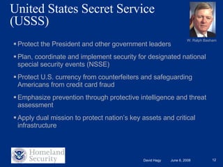 United States Secret Service (USSS) Protect the President and other government leaders  Plan, coordinate and implement security for designated national special security events (NSSE) Protect U.S. currency from counterfeiters and safeguarding Americans from credit card fraud Emphasize prevention through protective intelligence and threat assessment Apply dual mission to protect nation’s key assets and critical infrastructure W. Ralph Basham 
