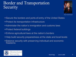 Border and Transportation Security Secure the borders and ports-of-entry of the United States Protect its transportation infrastructure Administer the nation’s immigration and customs laws Protect federal buildings Enforce agricultural laws at the nation’s borders Help build security preparedness at the state and local levels Balance security with preserving individual and economic freedoms Asa Hutchinson 