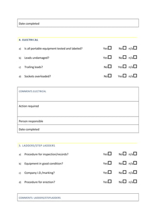 Date completed
4. ELECTRICAL
a) Is all portable equipment tested and labeled? Yes No n/a
b) Leads undamaged? Yes No n/a
c) Trailing leads? No Yes n/a
d) Sockets overloaded? No Yes n/a
COMMENTS ELECTRICAL
Action required
Person responsible
Date completed
5. LADDERS/STEP LADDERS
a) Procedure for inspection/records? Yes No n/a
b) Equipment in good condition? Yes No n/a
c) Company I.D./marking? Yes No n/a
d) Procedure for erection? Yes No n/a
COMMENTS: LADDERS/STEPLADDERS
 