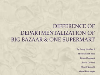 DIFFERENCE OF
   DEPARTMENTALIZATION OF
BIG BAZAAR & ONE SUPERMART
                     By Group Number 6

                      Hitendrasinh Zala

                        Ketan Changani

                          Ruchi Gattani

                         Shoaib Qureshi

                       Vishal Bhatnagar
 