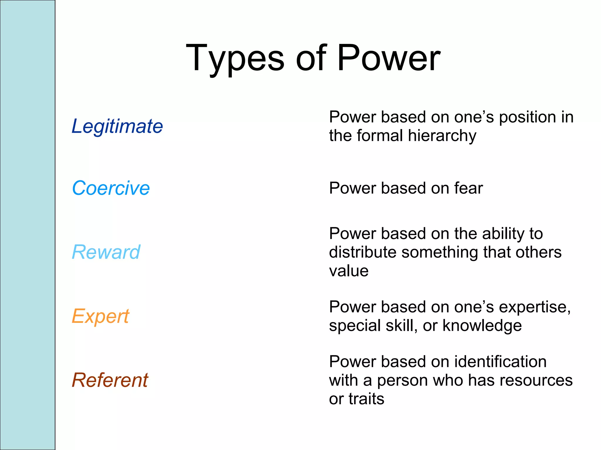 Types of Power
Legitimate
Power based on one’s position in
the formal hierarchy
Coercive Power based on fear
Reward
Power based on the ability to
distribute something that others
value
Expert
Power based on one’s expertise,
special skill, or knowledge
Referent
Power based on identification
with a person who has resources
or traits
 