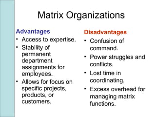 Matrix Organizations
Advantages
• Access to expertise.
• Stability of
permanent
department
assignments for
employees.
• Allows for focus on
specific projects,
products, or
customers.
Disadvantages
• Confusion of
command.
• Power struggles and
conflicts.
• Lost time in
coordinating.
• Excess overhead for
managing matrix
functions.
 