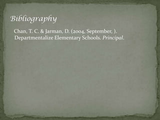 Chan, T. C. & Jarman, D. (2004, September, ).
Departmentalize Elementary Schools. Principal.
 