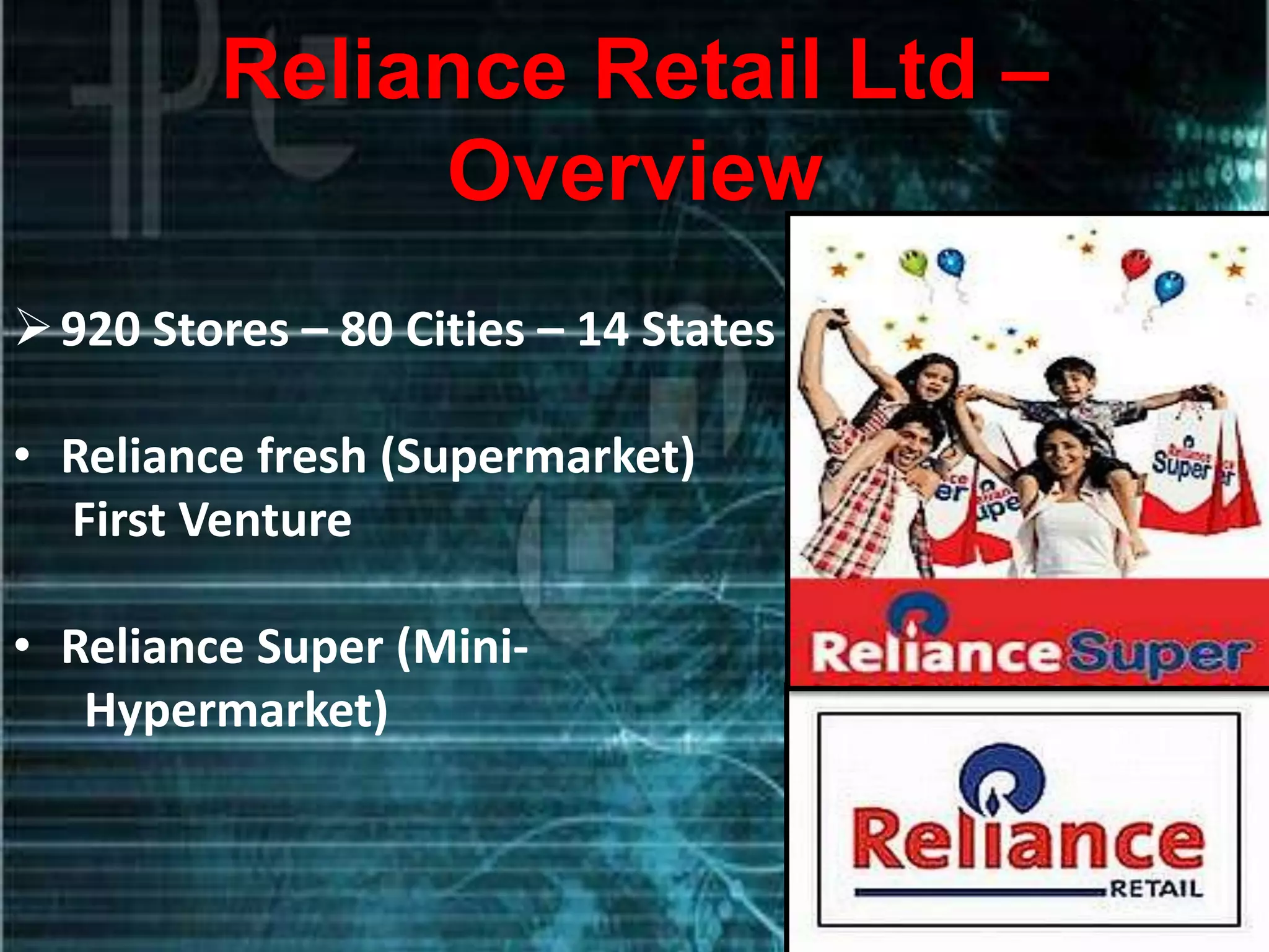 Reliance Retail Ltd –
              Overview
 920 Stores – 80 Cities – 14 States

• Reliance fresh (Supermarket)
  First Venture

• Reliance Super (Mini-
   Hypermarket)
 