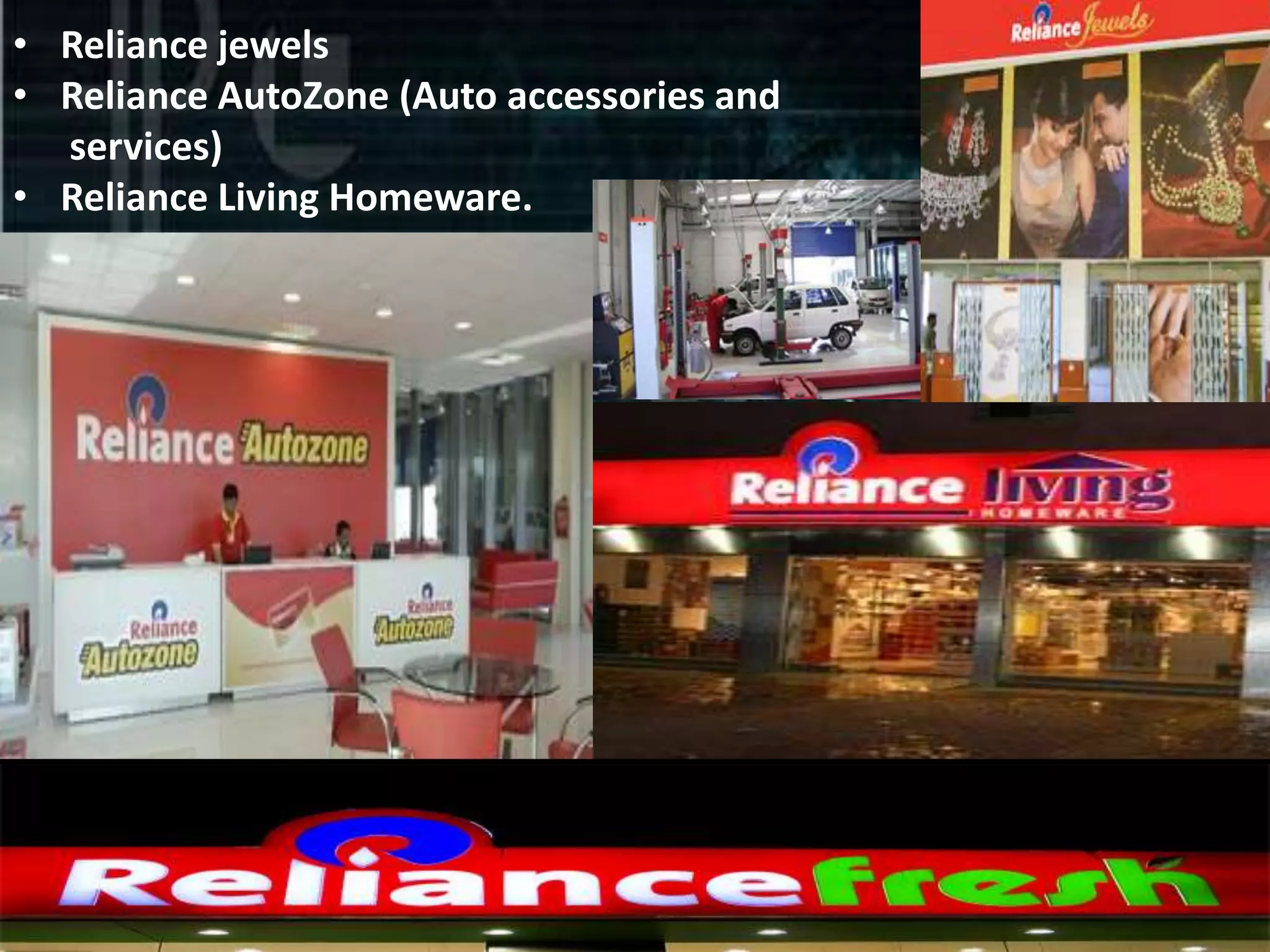 • Reliance jewels
• Reliance AutoZone (Auto accessories and
  services)
• Reliance Living Homeware.
 