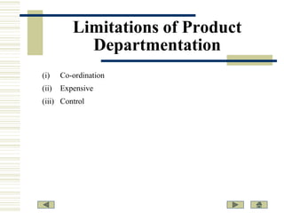 Limitations of Product
Departmentation
(i)

Co-ordination

(ii)

Expensive

(iii) Control

 