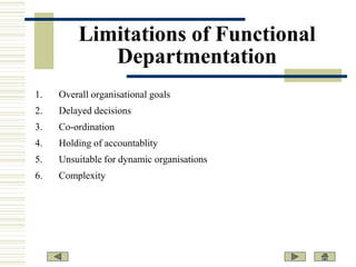 Limitations of Functional
Departmentation
1.

Overall organisational goals

2.

Delayed decisions

3.

Co-ordination

4.

Holding of accountablity

5.

Unsuitable for dynamic organisations

6.

Complexity

 