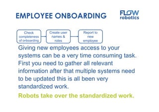 EMPLOYEE ONBOARDING
Giving new employees access to your
systems can be a very time consuming task.
First you need to gather all relevant
information after that multiple systems need
to be updated this is all been very
standardized work.
Robots take over the standardized work.
Check
completeness
of onboarding
Create user
names &
roles
Report to
new
employee
 