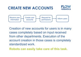CREATE NEW ACCOUNTS
Creation of new accounts for users is in many
cases completely based on input received
from other departments. Execution of the
account creation in those cases is completely
standardized work.
Robots can easily take care of this task.
Receive user
information
Create user
accounts
Request for
permissions
Inform users
 