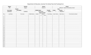 Department of Education, Summer Pre-School Year End Tracking Form
      Region                           Division                                      District                                                   School
       CAR                             Baguio                                       District II                                   Manuel L. Quezon Elementary school
                   Teacher                                                                                                   Class
     Last Name        First Name                                   Middle Name                    Gender         Grade            Section
     BARRIOGA                         CHARITO                             TOLENTINO                FEMALE                I         MASIPAG
                                                                           Pupils enrolled
No     Last Name              First name             Middle Name   Gender           Days in       Final Rating   Action Taken    Date in/out           From School to School
                                                                               In        Tardy
1
2
3
4
5
6
7
8
9
10
11
12
13
14
15
16
17
18
19
20
21
22
23
24
25
 