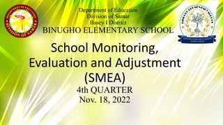 Department of Education
Division of Samar
Basey I District
BINUGHO ELEMENTARY SCHOOL
School Monitoring,
Evaluation and Adjustment
(SMEA)
4th QUARTER
Nov. 18, 2022
 