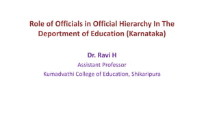 Role of Officials in Official Hierarchy In The
Deportment of Education (Karnataka)
Dr. Ravi H
Assistant Professor
Kumadvathi College of Education, Shikaripura
 