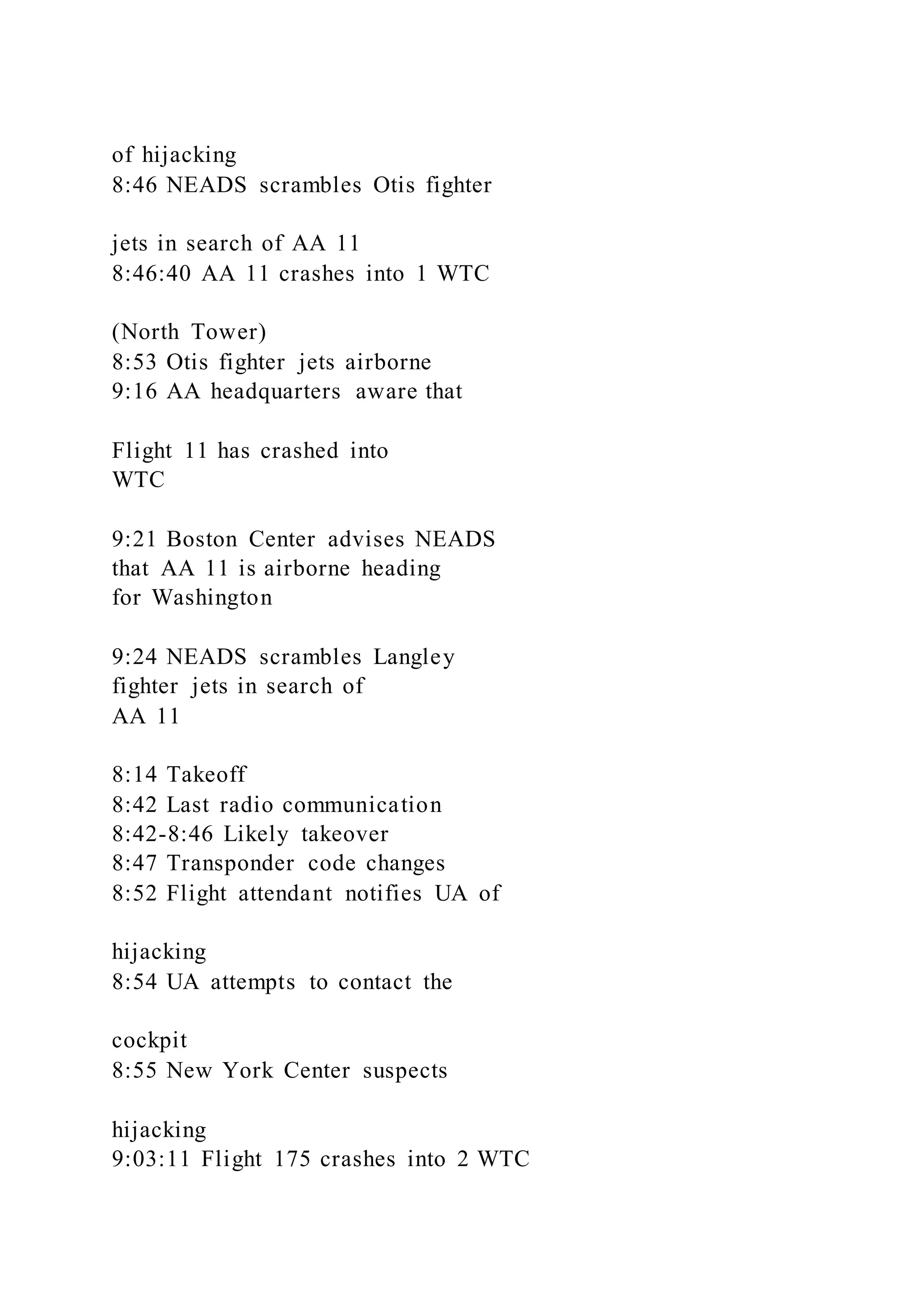 of hijacking
8:46 NEADS scrambles Otis fighter
jets in search of AA 11
8:46:40 AA 11 crashes into 1 WTC
(North Tower)
8:53 Otis fighter jets airborne
9:16 AA headquarters aware that
Flight 11 has crashed into
WTC
9:21 Boston Center advises NEADS
that AA 11 is airborne heading
for Washington
9:24 NEADS scrambles Langley
fighter jets in search of
AA 11
8:14 Takeoff
8:42 Last radio communication
8:42-8:46 Likely takeover
8:47 Transponder code changes
8:52 Flight attendant notifies UA of
hijacking
8:54 UA attempts to contact the
cockpit
8:55 New York Center suspects
hijacking
9:03:11 Flight 175 crashes into 2 WTC
 