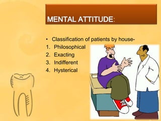 :
• Classification of patients by house-
1. Philosophical
2. Exacting
3. Indifferent
4. Hysterical
 