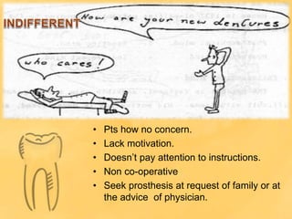• Pts how no concern.
• Lack motivation.
• Doesn’t pay attention to instructions.
• Non co-operative
• Seek prosthesis at request of family or at
the advice of physician.
 