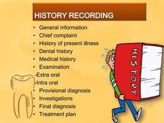 • General information
• Chief complaint
• History of present illness
• Dental history
• Medical history
• Examination
-Extra oral
-Intra oral
• Provisional diagnosis
• Investigations
• Final diagnosis
• Treatment plan
 