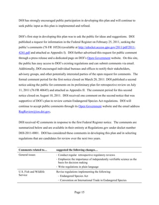 DOI has strongly encouraged public participation in developing this plan and will continue to
seek public input as this plan is implemented and refined.


DOI’s first step in developing this plan was to ask the public for ideas and suggestions. DOI
published a request for information in the Federal Register on February 25, 2011, seeking the
public’s comments (76 FR 10526) (available at http://edocket.access.gpo.gov/2011/pdf/2011-
4241.pdf and attached as Appendix I). DOI further advertised this request for public comment
through a press release and a dedicated page on DOI’s Open Government website. On this site,
the public has easy access to DOI’s existing regulations and can submit comments via email.
Additionally, DOI encouraged individual bureaus and offices to notify their stakeholders,
advisory groups, and other potentially interested parties of the open request for comments. The
formal comment period for the first notice closed on March 28, 2011. DOI published a second
notice asking the public for comments on its preliminary plan for retrospective review on July
11, 2011 (76 FR 40645) and attached as Appendix II. The comment period for this second
notice closed on August 10, 2011. DOI received one comment on the second notice that was
supportive of DOI’s plan to review certain Endangered Species Act regulations. DOI will
continue to accept public comments through its Open Government website and the email address
RegReview@ios.doi.gov.


DOI received 42 comments in response to the first Federal Register notice. The comments are
summarized below and are available in their entirety at Regulations.gov under docket number
DOI-2011-0001. DOI has considered these comments in developing this plan and in selecting
regulations that are candidates for review over the next two years.


Comments related to…          suggested the following changes…
General issues                · Conduct regular retrospective regulatory reviews
                              · Emphasize the importance of independently verifiable science as the
                                basis for decision making
                              · Write regulations in plain language
U.S. Fish and Wildlife        Revise regulations implementing the following:
Service                        · Endangered Species Act
                               · Convention on International Trade in Endangered Species



                                             Page 15
 