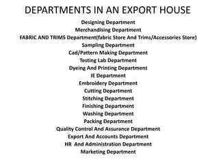 DEPARTMENTS IN AN EXPORT HOUSE
Designing Department
Merchandising Department
FABRIC AND TRIMS Department(fabric Store And Trims/Accessories Store)
Sampling Department
Cad/Pattern Making Department
Testing Lab Department
Dyeing And Printing Department
IE Department
Embroidery Department
Cutting Department
Stitching Department
Finishing Department
Washing Department
Packing Department
Quality Control And Assurance Department
Export And Accounts Department
HR And Administration Department
Marketing Department
 
