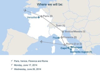  Paris, Venice, Florence and Rome
 Monday, June 17, 2014
 Wednesday, June 26, 2014
Where we will be:
 