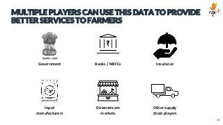MULTIPLE PLAYERS CAN USE THIS DATA TO PROVIDE
BETTER SERVICES TO FARMERS
Government Banks / NBFCs Insurance
Input
manufact...
