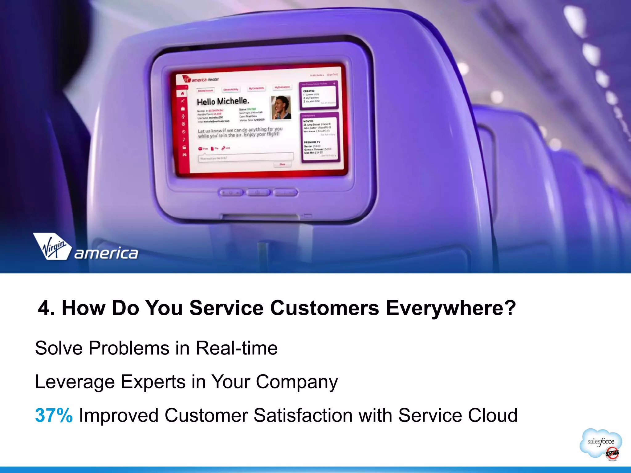 4. How Do You Service Customers Everywhere?
Solve Problems in Real-time
Leverage Experts in Your Company
37% Improved Customer Satisfaction with Service Cloud
 