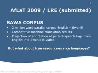 AfLaT 2009 / LRE (submitted)SAWA CORPUS2 million word parallel corpus English – SwahiliCompetitive machine translation resultsProjection of annotation of part-of-speech tags from English into Swahili is viableBut what about true resource-scarce languages?