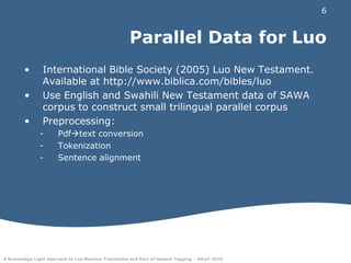 Parallel Data for LuoInternational Bible Society (2005) Luo New Testament. Available at http://www.biblica.com/bibles/luoUse English and Swahili New Testament data of SAWA corpus to construct small trilingual parallel corpusPreprocessing:Pdftext conversionTokenizationSentence alignment