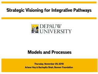 Thursday, November 29, 2018
Ariane Hoy & Rachayita Shah, Bonner Foundation
Strategic Visioning for Integrative Pathways
Models and Processes
 
