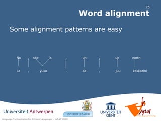 Word alignment Some alignment patterns are easy No she ‘ s uh , , up north La  , , , yuko , aa juu  kaskazini  