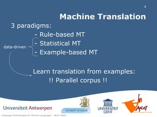 Machine Translation 3 paradigms: Rule-based MT Statistical MT Example-based MT data-driven Learn translation from examples: !! Parallel corpus !! 