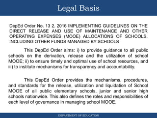 DEPARTMENT OF EDUCATION
Legal Basis
DepEd Order No. 13 2. 2016 IMPLEMENTING GUIDELINES ON THE
DIRECT RELEASE AND USE OF MAINTENANCE AND OTHER
OPERATING EXPENSES (MOOE) ALLOCATIONS OF SCHOOLS,
INCLUDING OTHER FUNDS MANAGED BY SCHOOLS
This DepEd Order aims: i) to provide guidance to all public
schools on the derivation, release and the utilization of school
MOOE; ii) to ensure timely and optimal use of school resources, and
iii) to institute mechanisms for transparency and accountability.
This DepEd Order provides the mechanisms, procedures,
and standards for the release, utilization and liquidation of School
MOOE of all public elementary schools, junior and senior high
schools nationwide. This also defines the roles and responsibilities of
each level of governance in managing school MOOE.
 