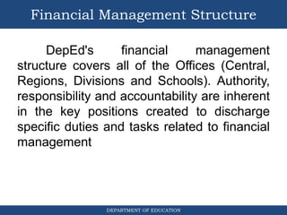 DEPARTMENT OF EDUCATION
Financial Management Structure
DepEd's financial management
structure covers all of the Offices (Central,
Regions, Divisions and Schools). Authority,
responsibility and accountability are inherent
in the key positions created to discharge
specific duties and tasks related to financial
management
 